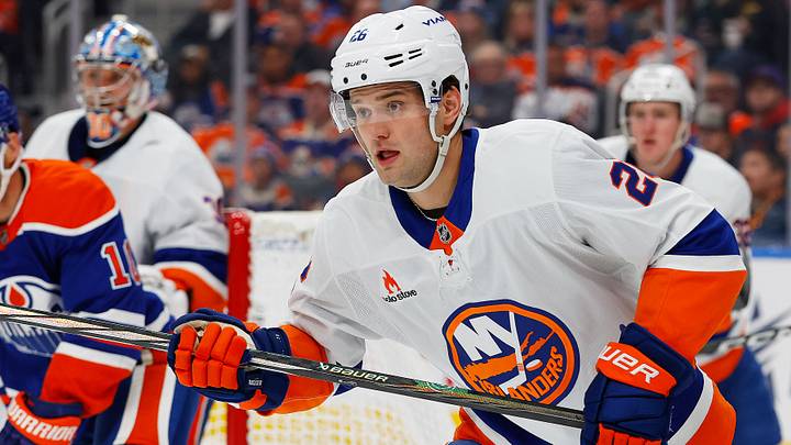 Nov 12, 2024; Edmonton, Alberta, CAN; New York Islanders forward Oliver Wahlstrom (26) chases a loose puck against the Edmonton Oilers at Rogers Place. Mandatory Credit: Perry Nelson-Imagn Images