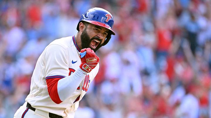 Aug 9, 2026; Philadelphia, Pennsylvania, USA;  Philadelphia Phillies center fielder Derek Hill (49) celebrates his walk-off RBI single during the twelfth inning against the Toronto Blue Jays at Citizens Bank Park. Mandatory Credit: Eric Hartline-Imagn Images