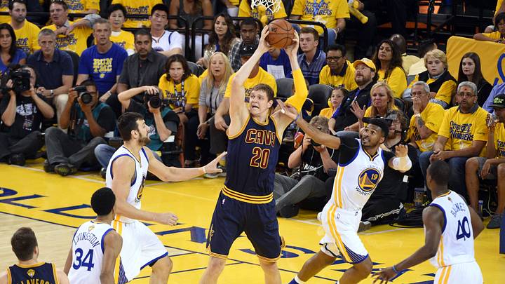 Jun 5, 2016; Oakland, CA, USA; Cleveland Cavaliers center Timofey Mozgov (20) grabs a rebound against Golden State Warriors guard Leandro Barbosa (19) during the fourth quarter in game two of the NBA Finals at Oracle Arena. Mandatory Credit: Kyle Terada-USA TODAY Sports Jun 5, 2016; Oakland, CA, USA; Cleveland Cavaliers center Timofey Mozgov (20) grabs a rebound against Golden State Warriors guard Leandro Barbosa (19) during the fourth quarter in game two of the NBA Finals at Oracle Arena. Mandatory Credit: Kyle Terada-USA TODAY Sports