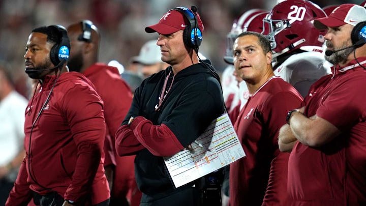 Alabama coach Kalen DeBoer watches during a college football game between the University of Oklahoma Sooners (OU) and the Alabama Crimson Tide at Gaylord Family - Oklahoma Memorial Stadium in Norman, Okla., Saturday, Nov. 23, 2024. Oklahoma won 24-3.