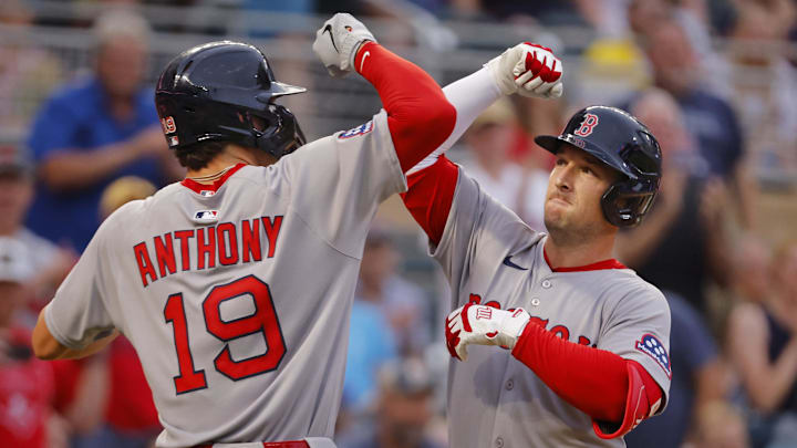 Jul 28, 2025; Minneapolis, Minnesota, USA; Boston Red Sox third baseman Alex Bregman (2) celebrates his three run home run against the Minnesota Twins with left fielder Roman Anthony (19) in the fifth inning at Target Field. Mandatory Credit: Bruce Kluckhohn-Imagn Images