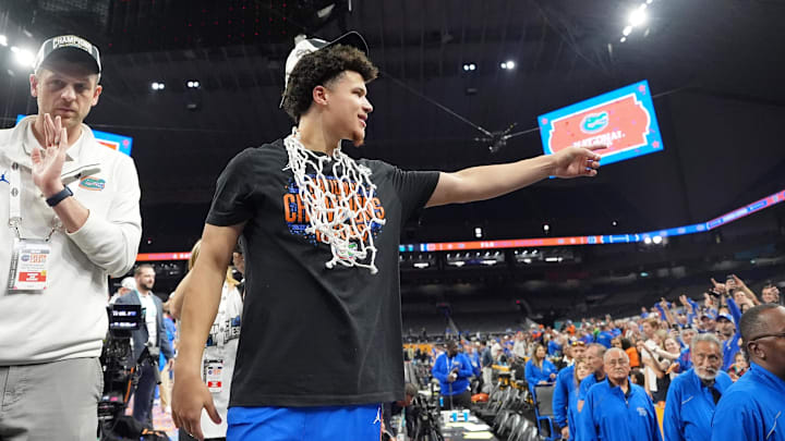 Apr 7, 2025; San Antonio, TX, USA; Florida Gators guard Walter Clayton Jr. (1) celebrates after winning the national championship game of the Final Four of the 2025 NCAA Tournament at the Alamodome. Mandatory Credit: Bob Donnan-Imagn Images