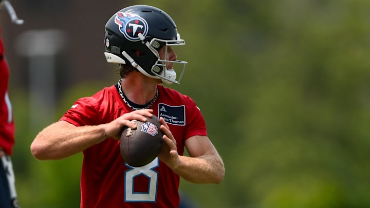 Jun 10, 2025; Nashville, TN, USA; Tennessee Titans quarterback Will Levis (8) throws a pass during minicamp at Nissan Stadium. Mandatory Credit: Steve Roberts-Imagn Images