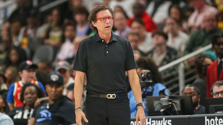 Mar 30, 2024; Atlanta, Georgia, USA; Atlanta Hawks head coach Quin Snyder on the sideline against the Milwaukee Bucks in the second half at State Farm Arena. Mandatory Credit: Brett Davis-Imagn Images
