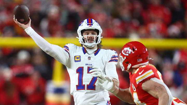 Jan 26, 2025; Kansas City, MO, USA; Buffalo Bills quarterback Josh Allen (17) drops back to pass against the Kansas City Chiefs during the first half in the AFC Championship game