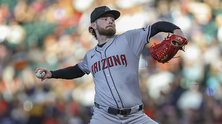 Sep 8, 2024; Houston, Texas, USA; Arizona Diamondbacks starting pitcher Ryne Nelson (19) delivers a pitch during the second inning against the Houston Astros at Minute Maid Park. Mandatory Credit: Troy Taormina-Imagn Images Sep 8, 2024; Houston, Texas, USA; Arizona Diamondbacks starting pitcher Ryne Nelson (19) delivers a pitch during the second inning against the Houston Astros at Minute Maid Park. Mandatory Credit: Troy Taormina-Imagn Images