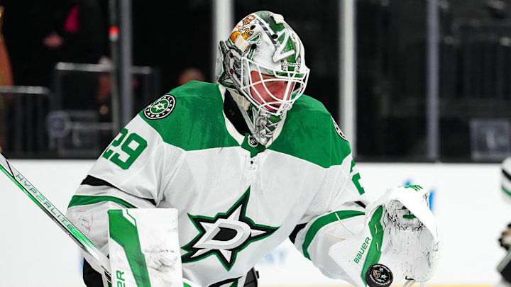 Jan 28, 2025; Las Vegas, Nevada, USA; Dallas Stars goaltender Jake Oettinger (29) warms up before a game against the Vegas Golden Knights at T-Mobile Arena. Mandatory Credit: Stephen R. Sylvanie-Imagn Images