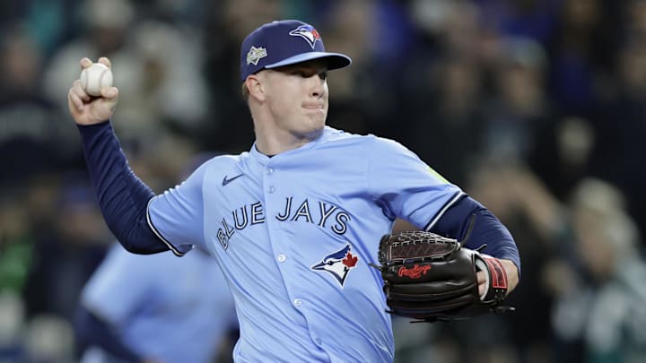 Oct 15, 2025; Seattle, Washington, USA; Toronto Blue Jays pitcher Braydon Fisher (63) throws in the seventh inning against the Seattle Mariners during game three of the ALCS round for the 2025 MLB playoffs at T-Mobile Park. Mandatory Credit: John Froschauer-Imagn Images