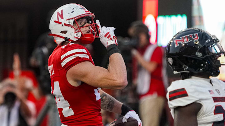 Sep 16, 2023; Lincoln, Nebraska, USA; Nebraska Cornhuskers tight end Thomas Fidone II (24) reacts after scoring a touchdown against the Northern Illinois Huskies during the second quarter at Memorial Stadium.