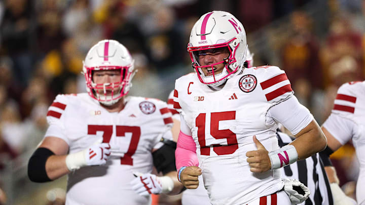 Nebraska Cornhuskers quarterback Dylan Raiola (15) runs off the field during the first half against the Minnesota Golden Gophers at Huntington Bank Stadium. Nebraska Cornhuskers quarterback Dylan Raiola (15) runs off the field during the first half against the Minnesota Golden Gophers at Huntington Bank Stadium.