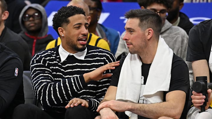 Jan 19, 2026; Philadelphia, Pennsylvania, USA; Indiana Pacers guard Tyrese Haliburton (0) and guard T.J. McConnell (9) on the bench against the Philadelphia 76ers during the second half at Xfinity Mobile Arena. Mandatory Credit: Eric Hartline-Imagn Images