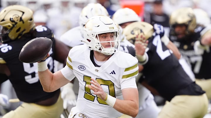 Aug 29, 2025; Boulder, Colorado, USA; Georgia Tech Yellow Jackets quarterback Haynes King (10) during the first quarter against the Colorado Buffaloes at Folsom Field. Mandatory Credit: Ron Chenoy-Imagn Images