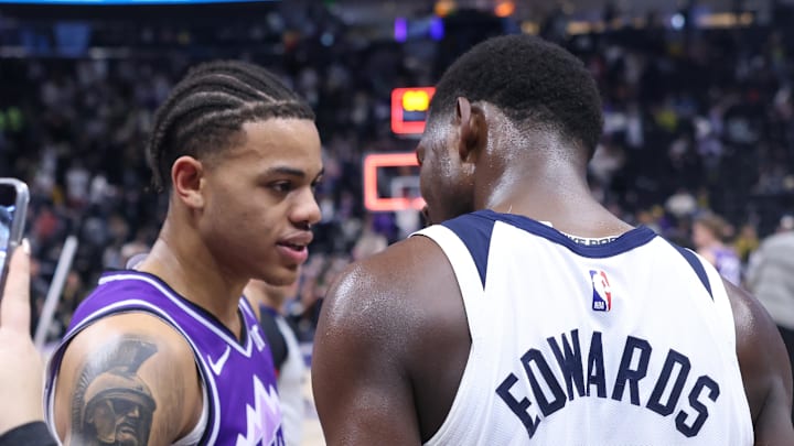 Mar 18, 2024; Salt Lake City, Utah, USA; Utah Jazz guard Keyonte George (3) and Minnesota Timberwolves guard Anthony Edwards (5) speaks after the game at Delta Center. Mandatory Credit: Rob Gray-Imagn Images
