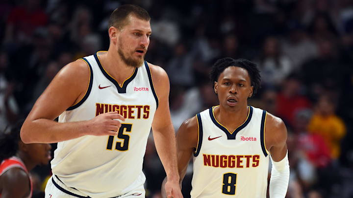 Oct 14, 2025; Denver, Colorado, USA; Denver Nuggets forward Peyton Watson (8) after scoring on an assist by center Nikola Jokic (15) during the first half at Ball Arena. Mandatory Credit: Christopher Hanewinckel-Imagn Images Oct 14, 2025; Denver, Colorado, USA; Denver Nuggets forward Peyton Watson (8) after scoring on an assist by center Nikola Jokic (15) during the first half at Ball Arena. Mandatory Credit: Christopher Hanewinckel-Imagn Images