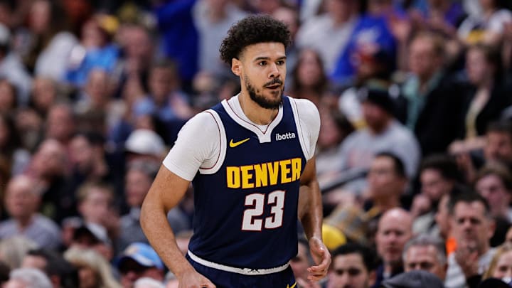 Dec 22, 2025; Denver, Colorado, USA; Denver Nuggets forward Cameron Johnson (23) in the second quarter against the Utah Jazz at Ball Arena. Mandatory Credit: Isaiah J. Downing-Imagn Images
