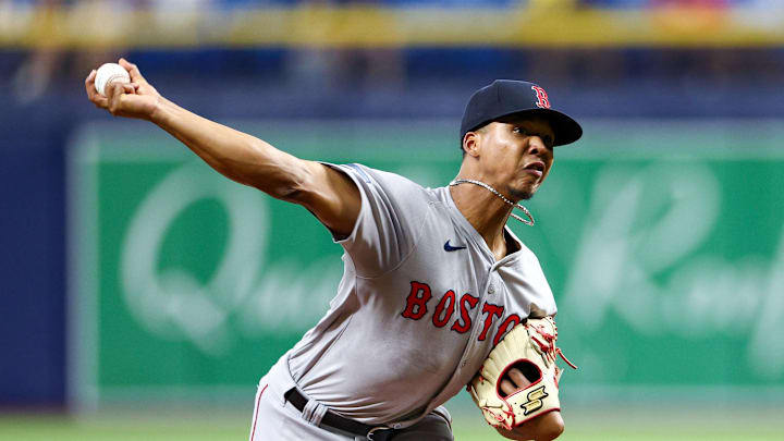 Boston Red Sox pitcher Brayan Bello (66) throws a pitch against the Tampa Bay Rays in the second inning at Tropicana Field in 2024.