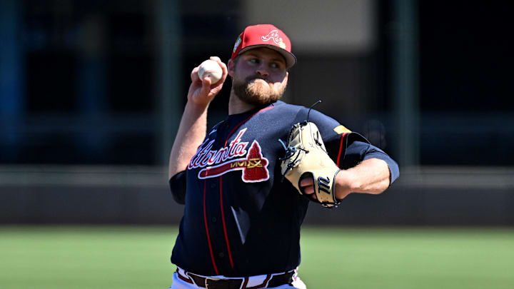 Feb 25, 2026; North Port, Florida, USA;  Atlanta Braves starting pitcher Bryce Elder (55) throws a pitch in the first inning against the Pittsburgh Pirates during spring training at CoolToday Park. Mandatory Credit: Jonathan Dyer-Imagn Images