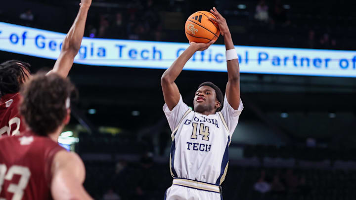 Jan 3, 2026; Atlanta, Georgia, USA; Georgia Tech Yellow Jackets forward Kowacie Reeves Jr. (14) shoots against the Boston College Eagles in the second half at McCamish Pavilion. Mandatory Credit: Brett Davis-Imagn Images
Jan 3, 2026; Atlanta, Georgia, USA; Georgia Tech Yellow Jackets forward Kowacie Reeves Jr. (14) shoots against the Boston College Eagles in the second half at McCamish Pavilion. Mandatory Credit: Brett Davis-Imagn Images
