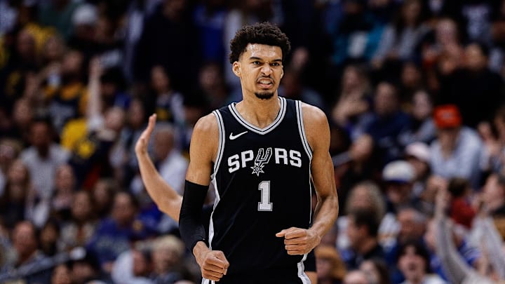 Jan 3, 2025; Denver, Colorado, USA; San Antonio Spurs center Victor Wembanyama (1) reacts after a play in the fourth quarter against the Denver Nuggets at Ball Arena. Mandatory Credit: Isaiah J. Downing-Imagn Images