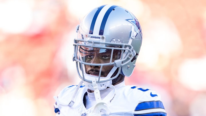 October 8, 2023; Santa Clara, California, USA; Dallas Cowboys cornerback Jourdan Lewis (2) warms up before the game against the San Francisco 49ers at Levi's Stadium. Mandatory Credit: Kyle Terada-Imagn Images
