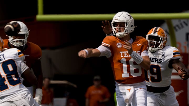 Texas football player, Arch Manning, (16) throws the ball during a football game against UTEP at Darrell K Royal–Texas Memorial Stadium in Austin, Texas, on Saturday, Sept. 13, 2025.
