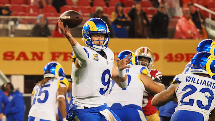 Dec 12, 2024; Santa Clara, California, USA; Los Angeles Rams quarterback Matthew Stafford (9) throws the ball against the San Francisco 49ers during the second quarter at Levi's Stadium. Mandatory Credit: Kelley L Cox-Imagn Images Dec 12, 2024; Santa Clara, California, USA; Los Angeles Rams quarterback Matthew Stafford (9) throws the ball against the San Francisco 49ers during the second quarter at Levi's Stadium. Mandatory Credit: Kelley L Cox-Imagn Images
