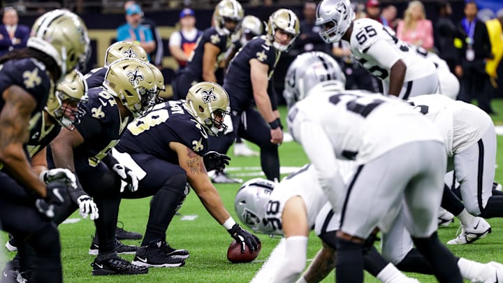 Oct 30, 2022; New Orleans Saints offense lines up against the Las Vegas Raiders defense Oct 30, 2022; New Orleans Saints offense lines up against the Las Vegas Raiders defense