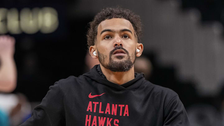 Apr 10, 2024; Atlanta, Georgia, USA; Atlanta Hawks guard Trae Young (11) shown while warming up on