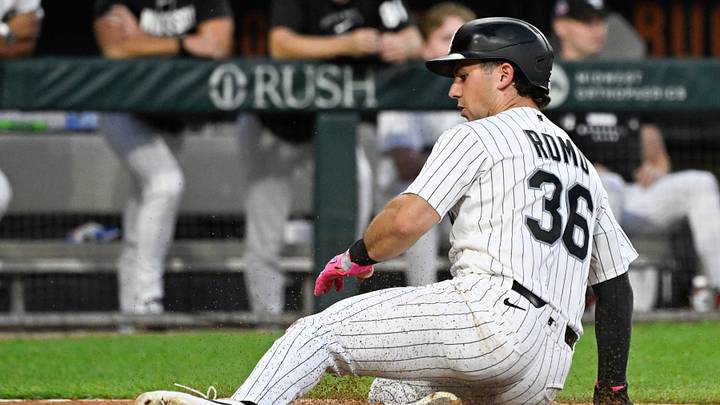Aug 22, 2026; Chicago, Illinois, USA;  Chicago White Sox catcher Drew Romo (36) slides to score a run against the New York Mets during the third inning at Rate Field.  Mandatory Credit: Matt Marton-Imagn Images