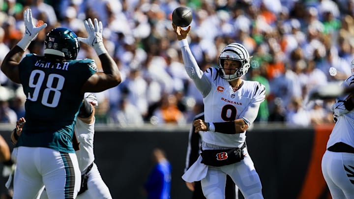 Oct 27, 2024; Cincinnati, Ohio, USA; Cincinnati Bengals quarterback Joe Burrow (9) throws a pass against the Philadelphia Eagles in the first half at Paycor Stadium. Mandatory Credit: Katie Stratman-Imagn Images