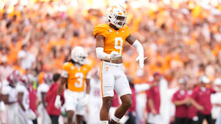 Tennessee defensive back Jakobe Thomas (9) celebrates on the field during a game between Tennessee and Alabama at Neyland Stadium in Knoxville, Tenn., Saturday, Oct. 19, 2024.