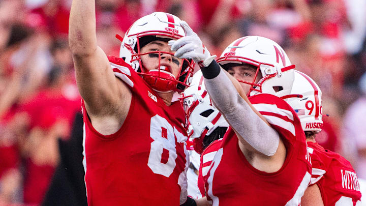 Oct 5, 2024; Lincoln, Nebraska, USA; Nebraska Cornhuskers tight end Nate Boerkircher (87) and tight end Ian Flynt (47) celebrate after a fake punt against the Rutgers Scarlet Knights during the fourth quarter at Memorial Stadium.