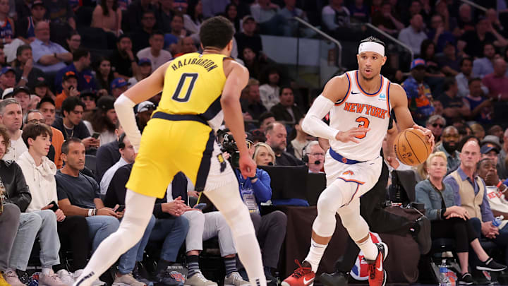May 19, 2024; New York, New York, USA; New York Knicks guard Josh Hart (3) brings the ball up court against Indiana Pacers guard Tyrese Haliburton (0) during the fourth quarter of game seven of the second round of the 2024 NBA playoffs at Madison Square Garden. Mandatory Credit: Brad Penner-Imagn Images May 19, 2024; New York, New York, USA; New York Knicks guard Josh Hart (3) brings the ball up court against Indiana Pacers guard Tyrese Haliburton (0) during the fourth quarter of game seven of the second round of the 2024 NBA playoffs at Madison Square Garden. Mandatory Credit: Brad Penner-Imagn Images