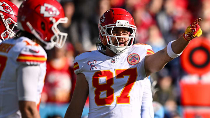 Dec 21, 2025; Nashville, Tennessee, USA;  Kansas City Chiefs tight end Travis Kelce (87) against the Tennessee Titans during the first half at Nissan Stadium. Mandatory Credit: Steve Roberts-Imagn Images