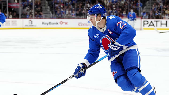 Nov 29, 2025; Denver, Colorado, USA; Colorado Avalanche center Nathan MacKinnon (29) controls the puck in the second period against the Montreal Canadiens at Ball Arena. Mandatory Credit: Ron Chenoy-Imagn Images Nov 29, 2025; Denver, Colorado, USA; Colorado Avalanche center Nathan MacKinnon (29) controls the puck in the second period against the Montreal Canadiens at Ball Arena. Mandatory Credit: Ron Chenoy-Imagn Images