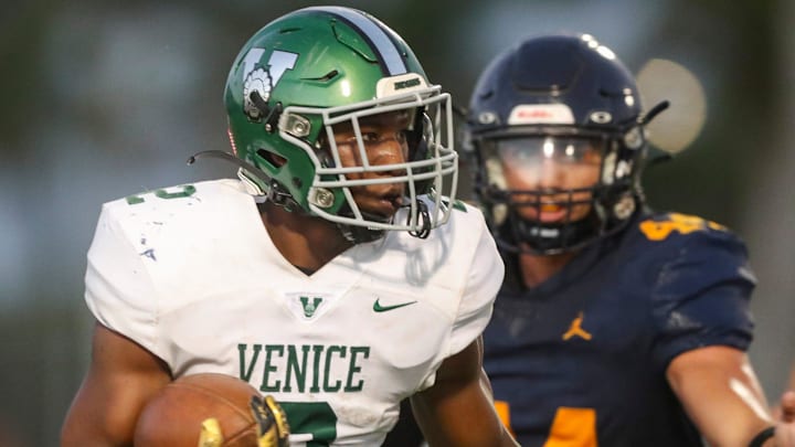 The Naples Golden Eagles compete against the Venice Indians in a spring football game at Staver Field in Naples, Fla., on Tuesday, May 20, 2025.