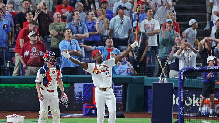Jul 13, 2026; Philadelphia, PA, USA; St. Louis Cardinals right fielder Jordan Walker (18) celebrates after winning the home run derby at Citizens Bank Park. Mandatory Credit: Brad Penner-Imagn Images Jul 13, 2026; Philadelphia, PA, USA; St. Louis Cardinals right fielder Jordan Walker (18) celebrates after winning the home run derby at Citizens Bank Park. Mandatory Credit: Brad Penner-Imagn Images