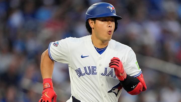 Jun 25, 2026; Toronto, Ontario, CAN; Toronto Blue Jays third baseman Kazuma Okamoto (7) runs to first base on a single against the Texas Rangers during the fifth inning at Rogers Centre. Mandatory Credit: John E. Sokolowski-Imagn Images