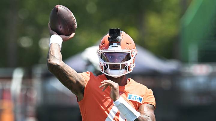 Jul 30, 2026; Berea, OH, USA; Cleveland Browns quarterback Deshaun Watson (4) throws a pass during training camp at CrossCountry Mortgage Campus. Mandatory Credit: Ken Blaze-Imagn Images Jul 30, 2026; Berea, OH, USA; Cleveland Browns quarterback Deshaun Watson (4) throws a pass during training camp at CrossCountry Mortgage Campus. Mandatory Credit: Ken Blaze-Imagn Images