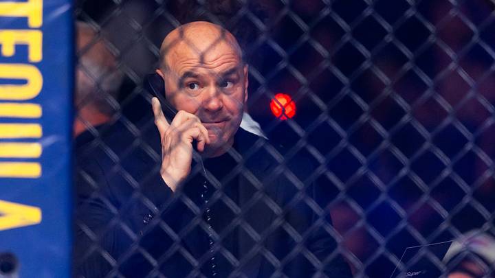 Jul 11, 2026; Las Vegas, Nevada, USA; UFC president Dana White on the phone alongside the octagon during UFC 329 at T-Mobile Arena. Mandatory Credit: Mark J. Rebilas-Imagn Images