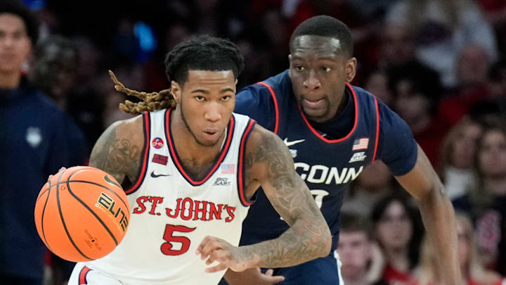 Connecticut v St. John's; St. John's basketball guard Deivon Smith dribbles against Connecticut