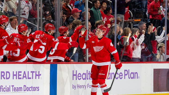Anton Johansson celebrates after scoring his first NHL goal on Thursday.
