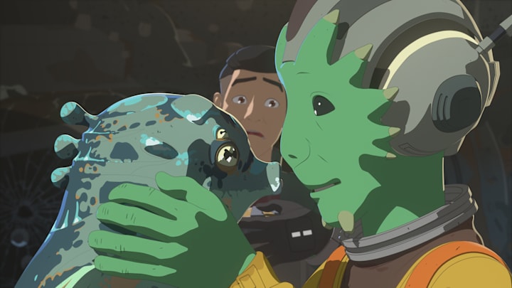 STAR WARS RESISTANCE - "Bibo" - Neeku adopts a strange sea creature and gets way more than he bargained for when it brings chaos to the platform. This episode of "Star Wars Resistance" airs Sunday, Jan. 13 (10:00 - 10:30 P.M. EST) on Disney Channel. (Disney Channel)
KAZ, NEEKU