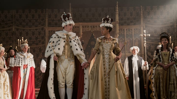 Queen Charlotte: A Bridgerton Story. (L to R) Corey Mylchreest as Young King George, India