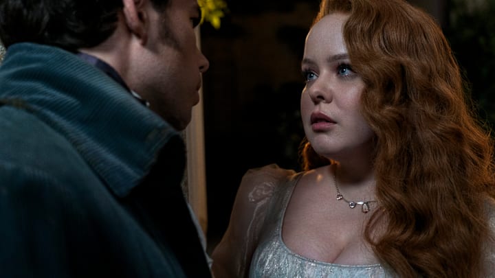 Bridgerton. (L to R) Luke Newton as Colin Bridgerton, Nicola Coughlan as Penelope Featherington in episode 302 of Bridgerton. Cr. Liam Daniel/Netflix © 2023