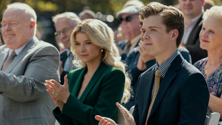 A Man in Full. (L to R) Christian Clemenson as Stroock, Sarah Jones as Serena Croker, Evan Roe as Wally Croker in episode 106 of A Man in Full. Cr. Mark Hill/Netflix © 2024