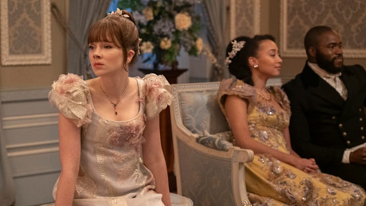 Bridgerton. (L to R) Claudia Jessie as Eloise Bridgerton, Emma Naomi as Alice Mondrich, Martins Imhangbe as Will Mondrich in episode 305 of Bridgerton. Cr. Liam Daniel/Netflix © 2024