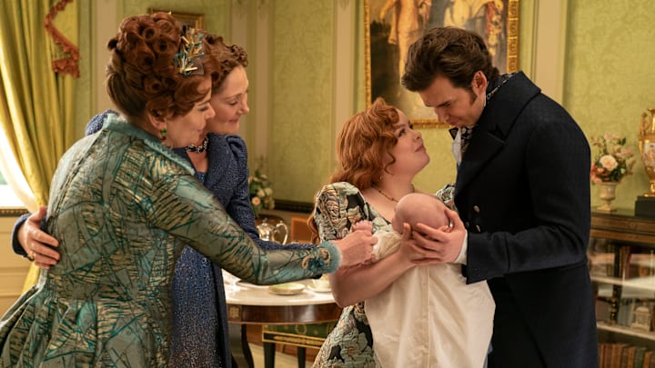 Bridgerton. (L to R) Polly Walker as Lady Portia Featherington, Ruth Gemmell as Lady Violet Bridgerton, Nicola Coughlan as Penelope Featherington, Luke Newton as Colin Bridgerton in episode 308 of Bridgerton. Cr. Liam Daniel/Netflix © 2024