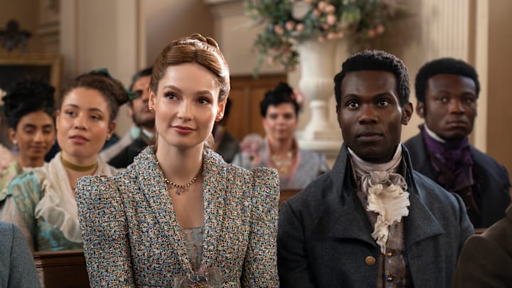 Bridgerton. (L to R) Hannah Dodd as Francesca Bridgerton, Victor Alli as John Stirling in episode 306 of Bridgerton. Cr. Liam Daniel/Netflix © 2024