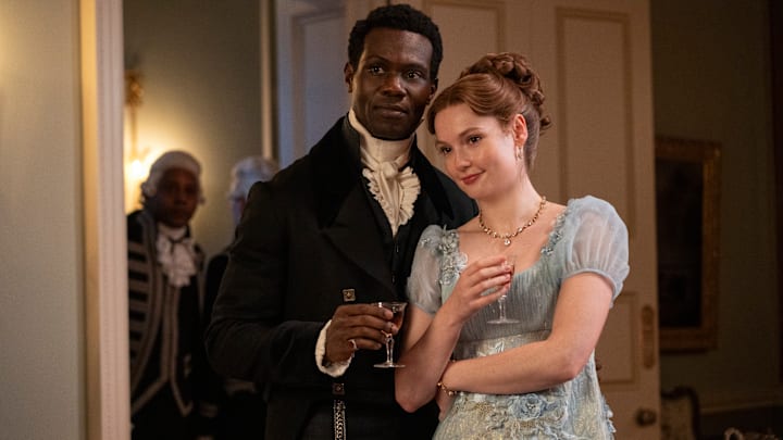 (L to R) Victor Alli as John Stirling, Hannah Dodd as Francesca Bridgerton in episode 404 of Bridgerton